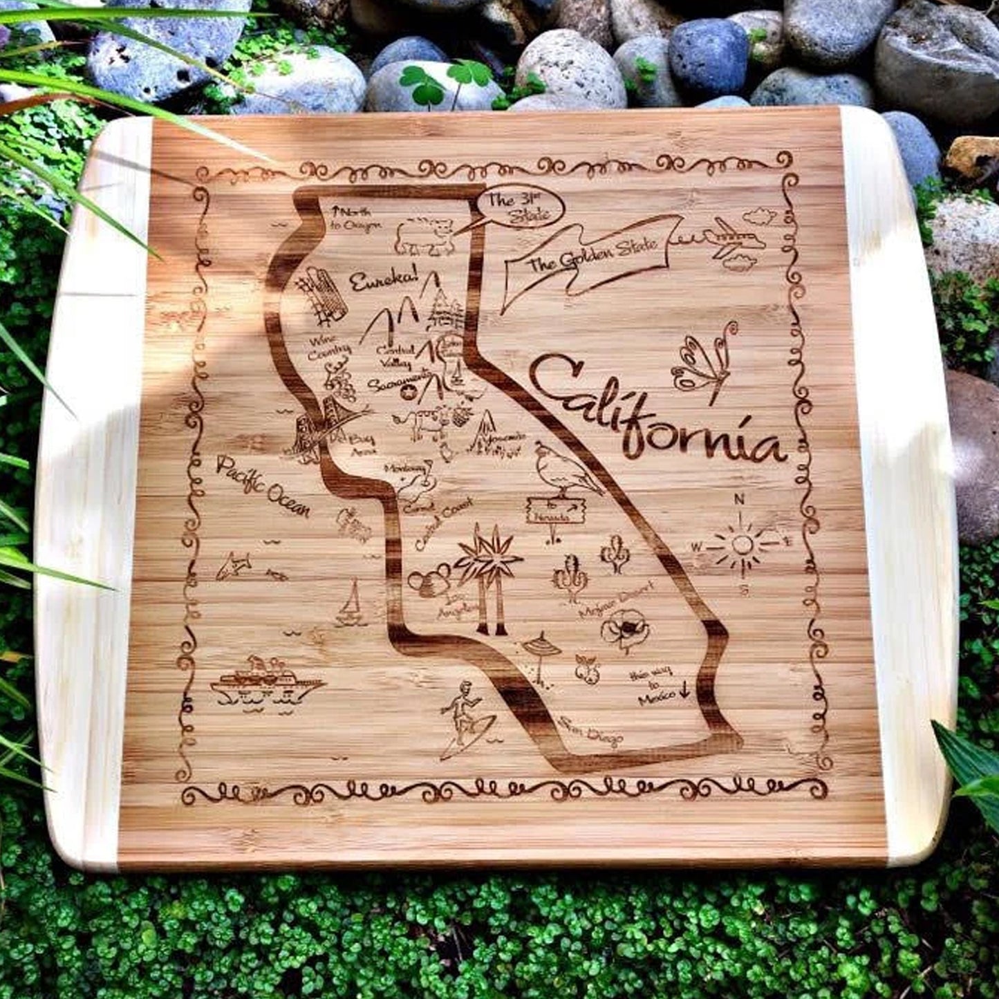 Laser Etched Illustrated Map Cutting Charcuterie Boards