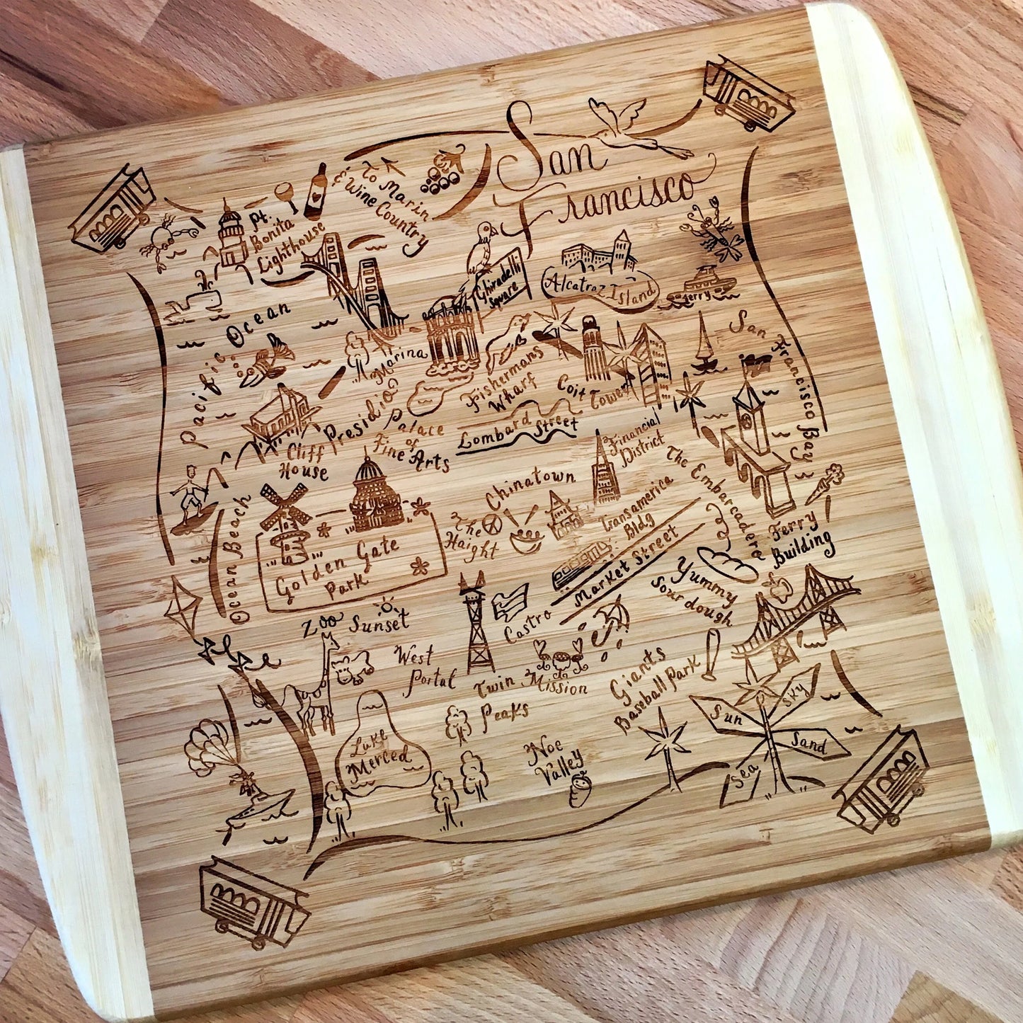 Laser Etched Illustrated Map Cutting Charcuterie Boards