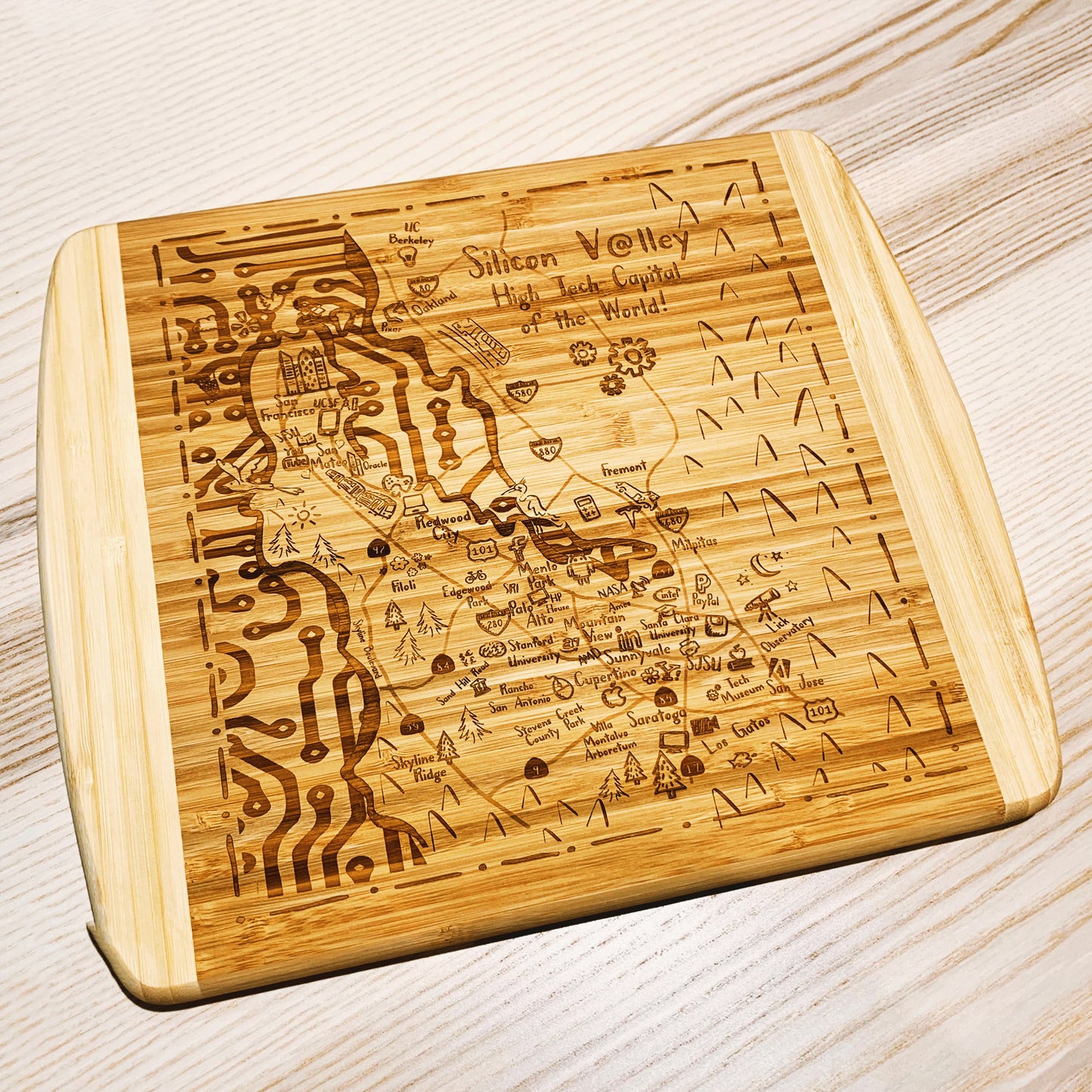 Laser Etched Illustrated Map Cutting Charcuterie Boards